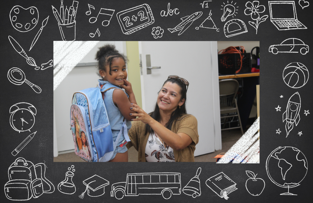 Donate to the MHP backpack drive! Teacher and student with backpacks.